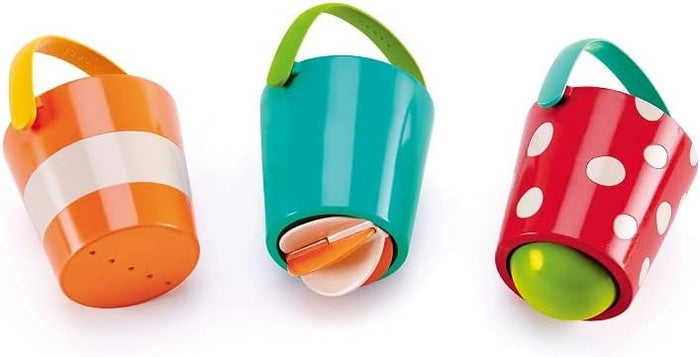 Three happy buckets on a white background.