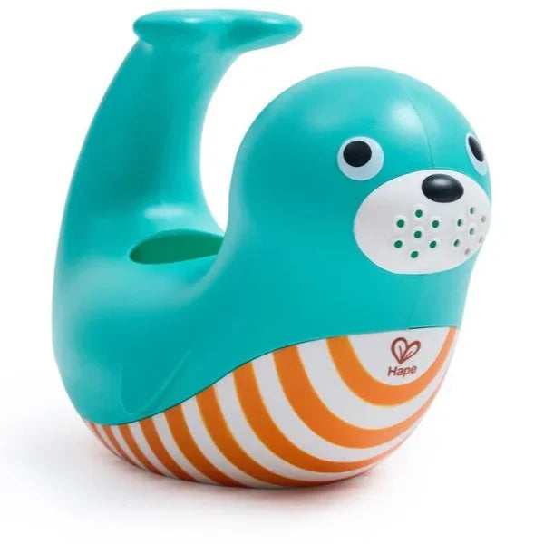 A multicolored plastic seal-shaped jug with a green body and white and orange stripes on the lower half, designed for water play.
