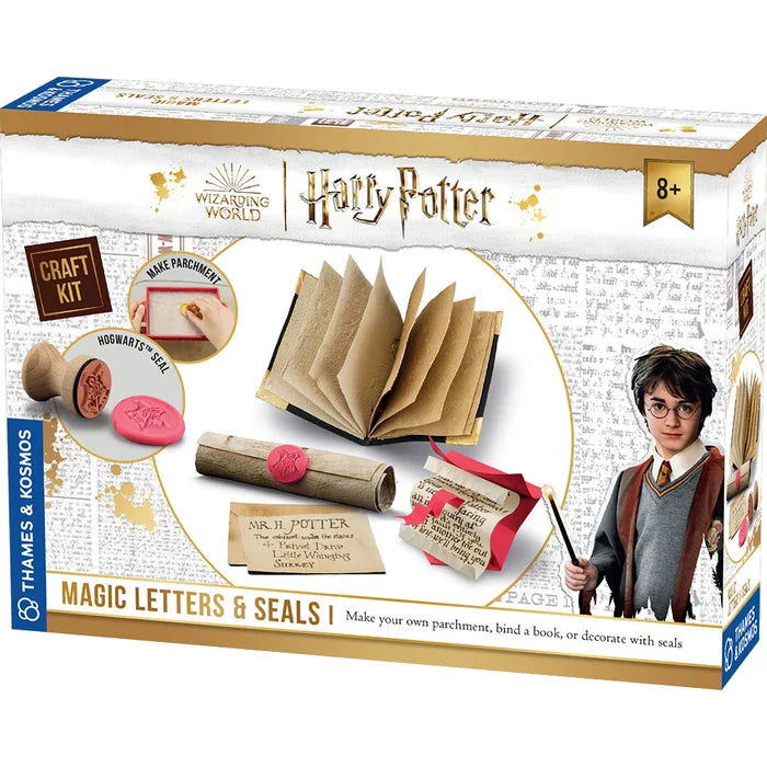 Harry Potter craft kit packaging with text and images of a book, parchment, and a character holding a wand.