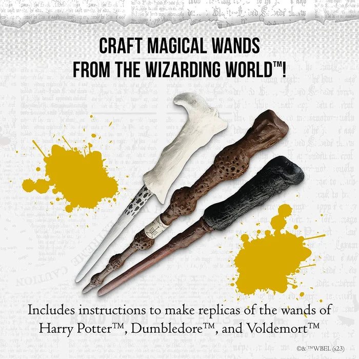 Three replica wizarding magic wands are displayed diagonally on a textured, parchment-like background with yellow paint splatters. The top text reads 'CRAFT MAGICAL WANDS FROM THE WIZARDING WORLD™!' and the bottom text reads 'Includes instructions to make replicas of the wands of Harry Potter™, Dumbledore™, and Voldemort™'.