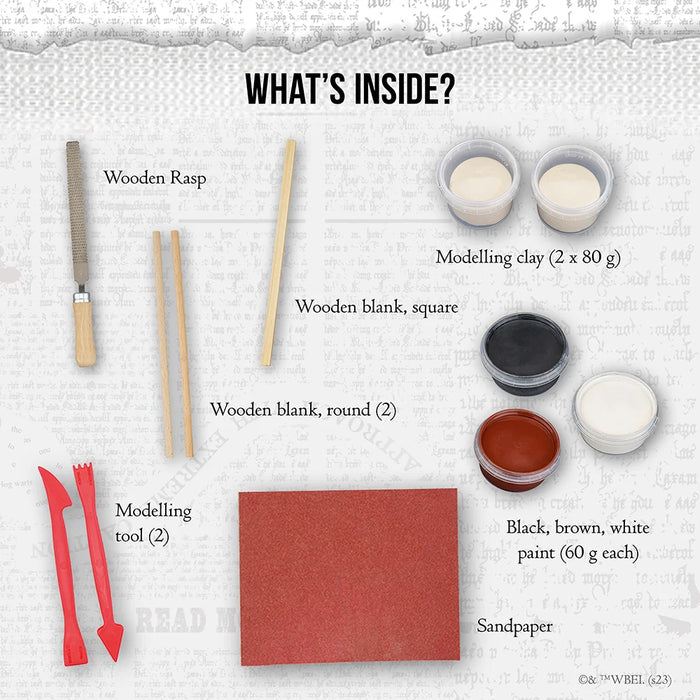 An informational product layout titled 'WHAT'S INSIDE?' showing included modeling supplies: a wooden rasp, two wooden blanks (square and round), two red modeling tools, two small cups of beige clay, black and white paint, brown paint, and sandpaper, all arranged on a light textured background with labels.