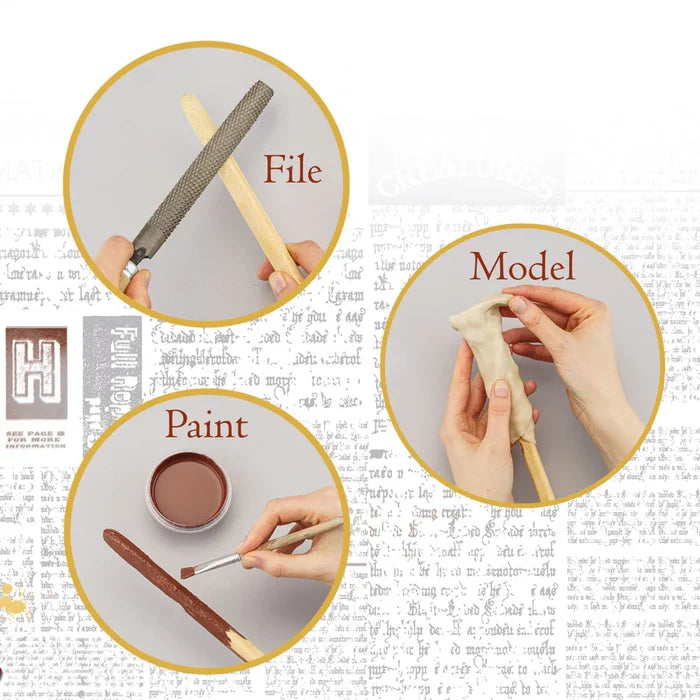 Three circular images showing file, model, and paint actions with text labels on a textured background.