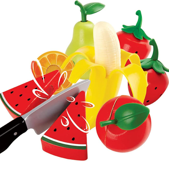 Colorful toy fruit set with a play knife on a white background