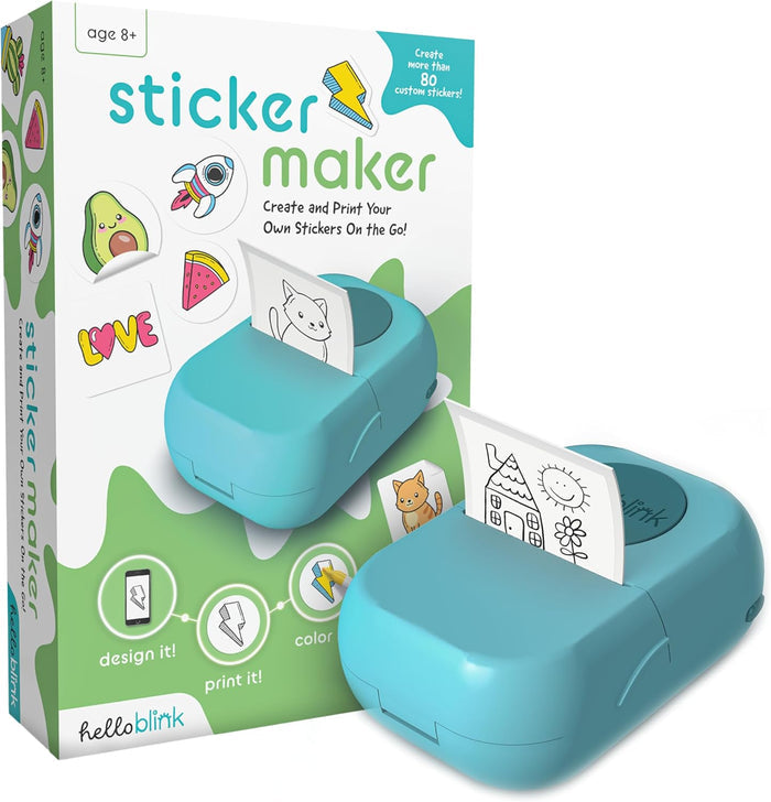 A blue Hello Blink Sticker Maker device with a box that has images of the product in use, showing various stickers with colorful designs.
