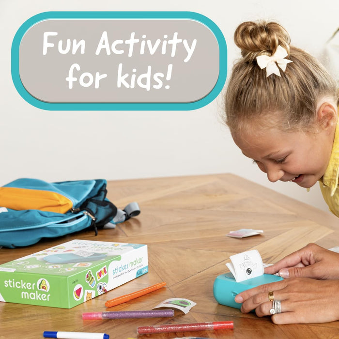 Child using a sticker maker with text 'Fun Activity for kids!' on a wooden table.