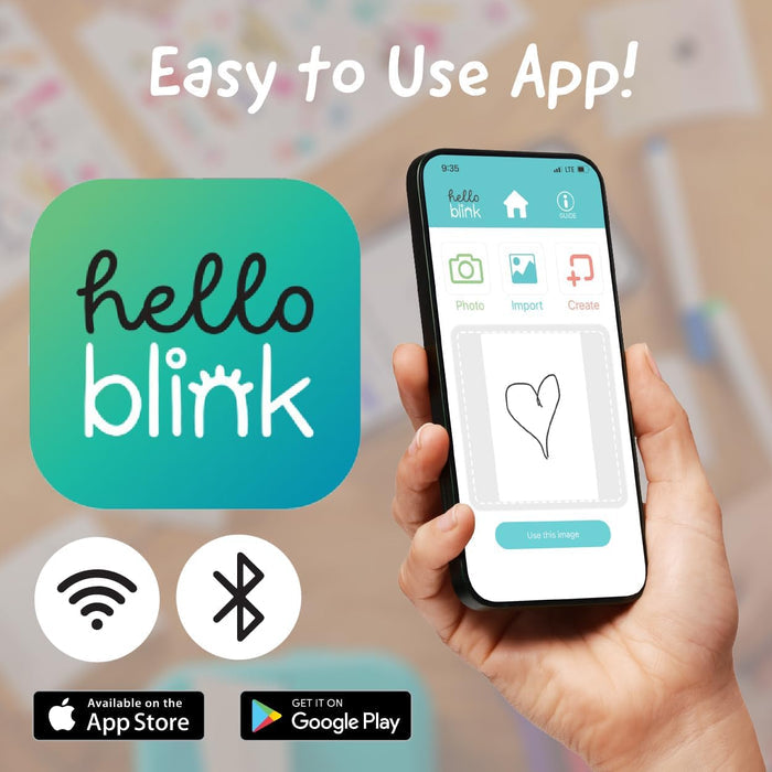 Hand holding a smartphone displaying the 'hello blink' app with app icon and branding elements.