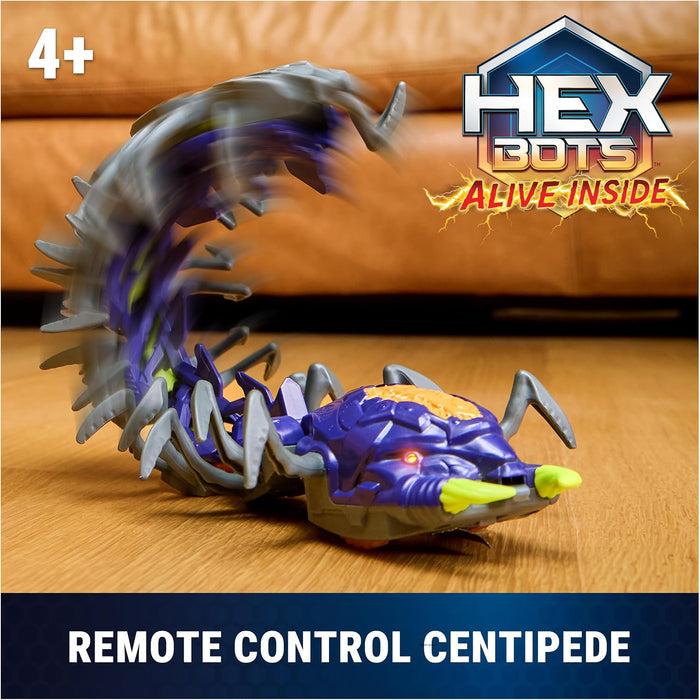 Hex Bot Explodapede on a wood floor with the Hex Bots logo and text 'remote control centipede'