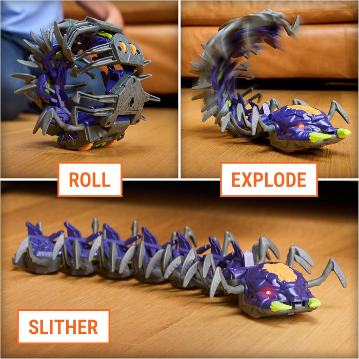 Hex Bot Explodapede in three stages of operation on a wood floor with text 'roll' 'explode' 'slither'
