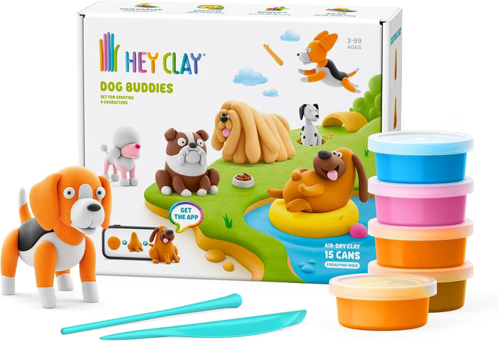 Hey Clay Dog Buddies playset with figures, packaging, and air-dry clay containers on a white background
