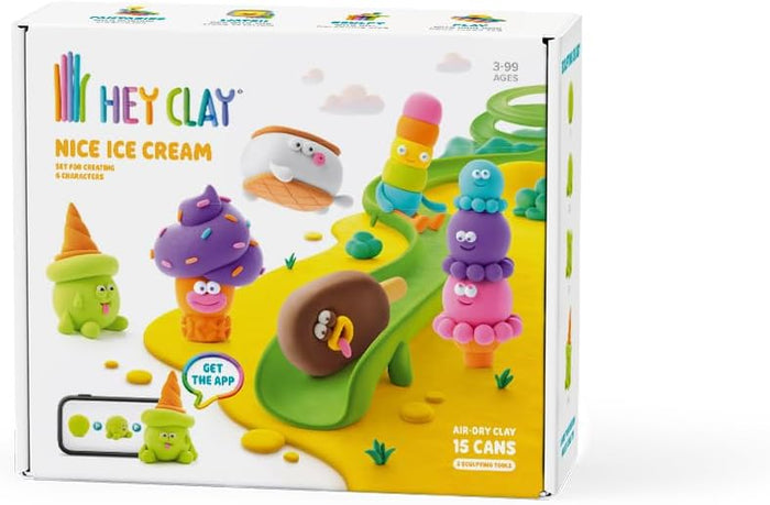 Box of Hey Clay ice cream-themed playset with colorful characters on a white background