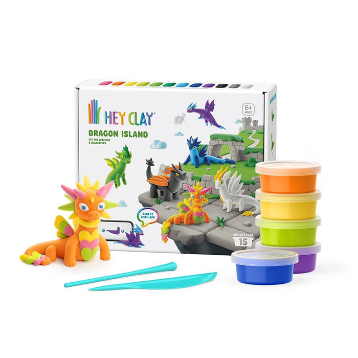 Box of Hey Clay dragon-themed playset with colorful characters on a white background