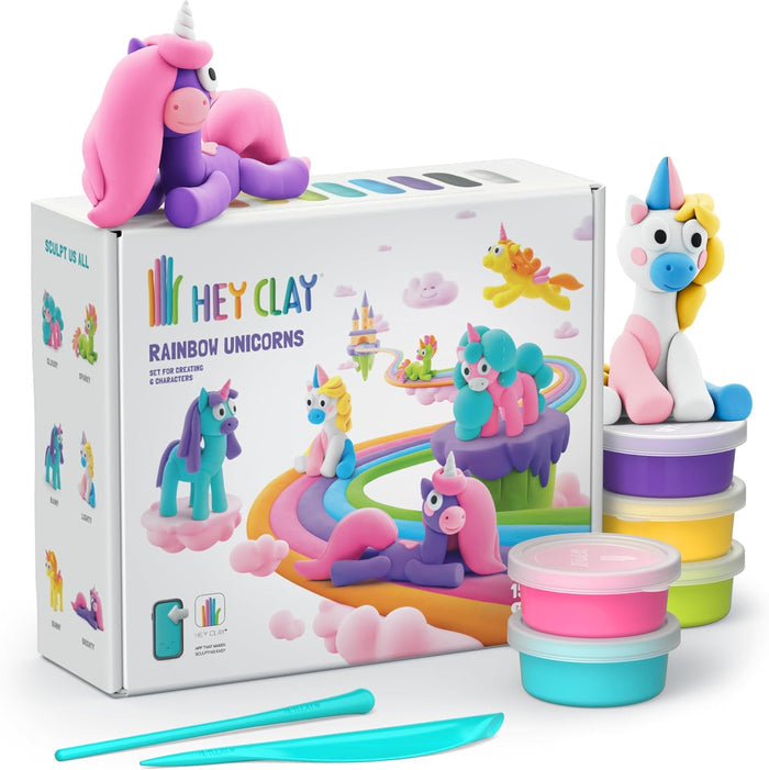 Box of Hey Clay unicorn-themed playset with colorful characters on a white background