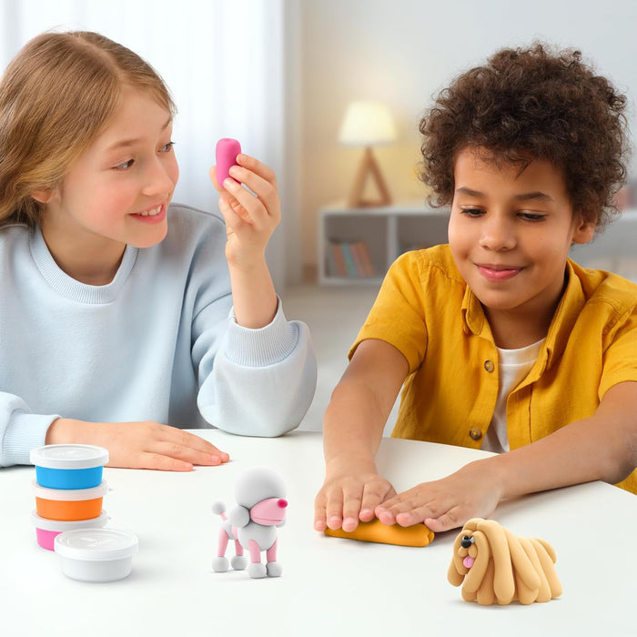 Two children playing with clay figures on a table.