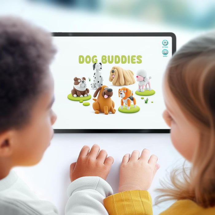 Two children looking at a tablet screen displaying 'Dog Buddies' with colorful dog characters.