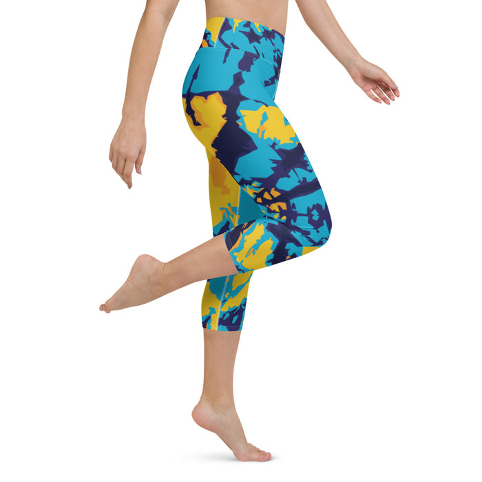 High Waist Blue & Yellow Yoga Capri Leggings