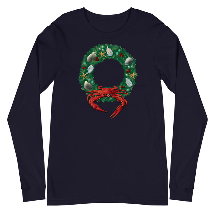 Holiday Crab Wreath, Unisex Long Sleeve Tee