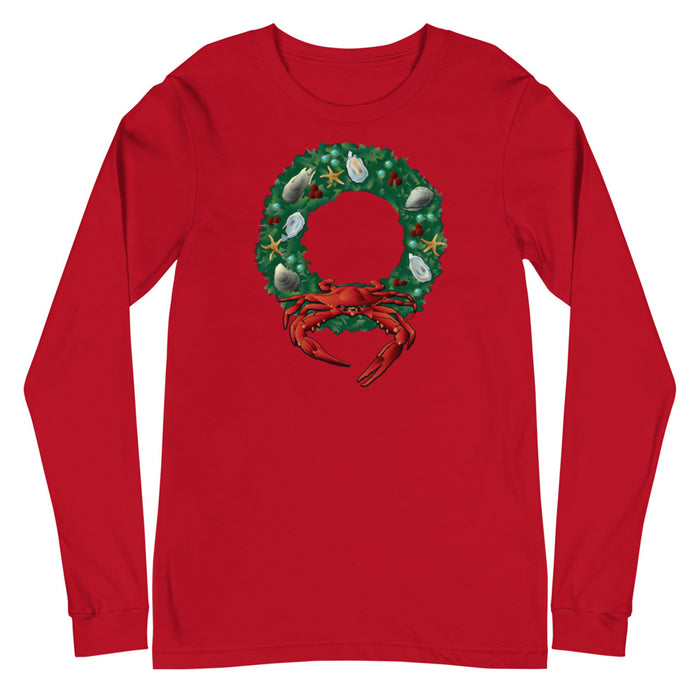 Holiday Crab Wreath, Unisex Long Sleeve Tee