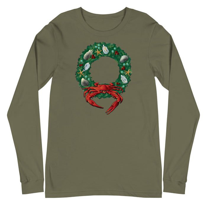 Holiday Crab Wreath, Unisex Long Sleeve Tee