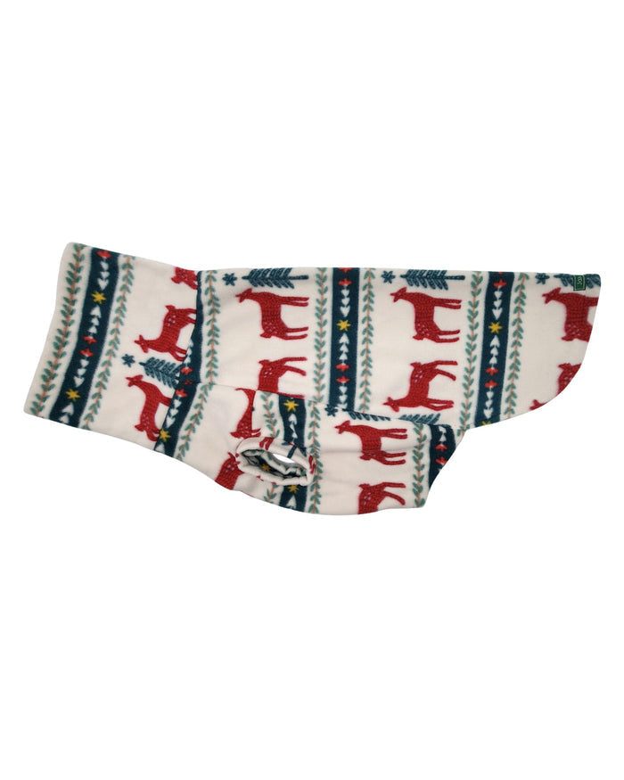 Holiday reindeer Fair Isle fleece dog sweater with turtleneck, flat side view