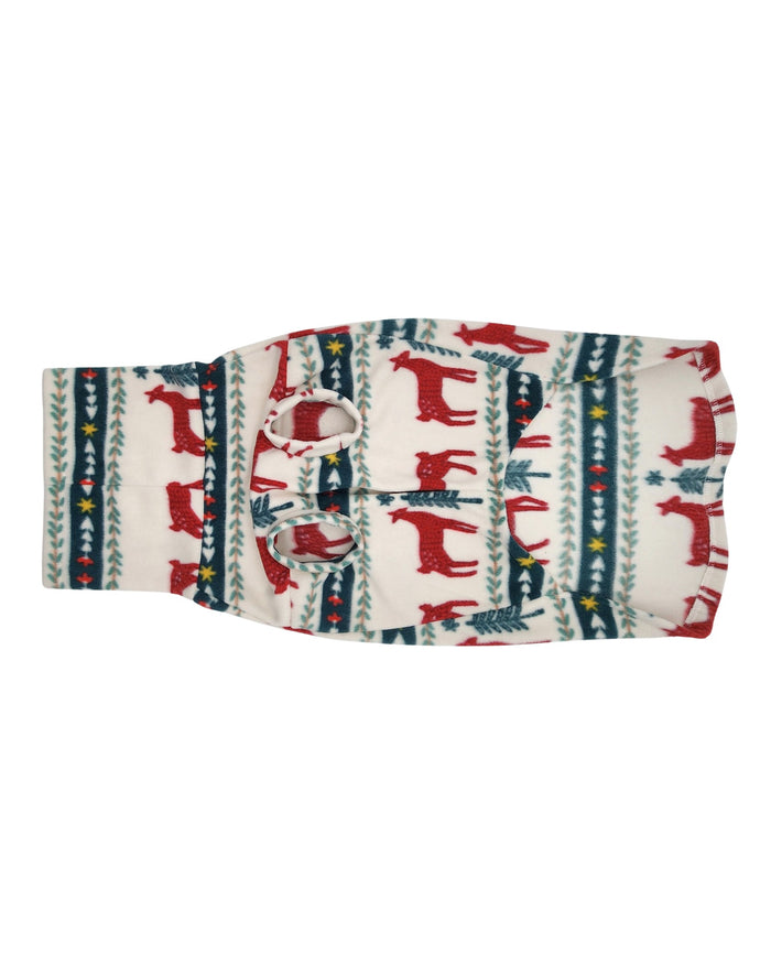 Holiday reindeer Fair Isle fleece dog sweater with turtleneck, flat underbelly view