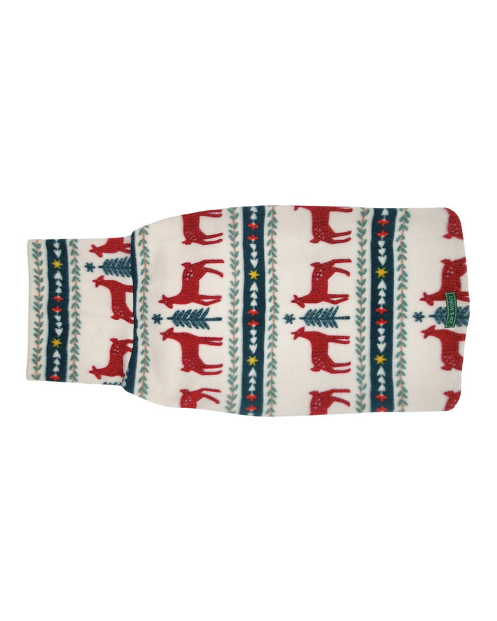 Holiday reindeer Fair Isle fleece dog sweater with turtleneck, flat back view