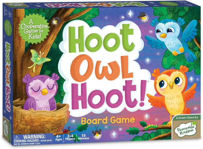 Board game box for 'Hoot Owl Hoot!' with colorful owls and night sky design.