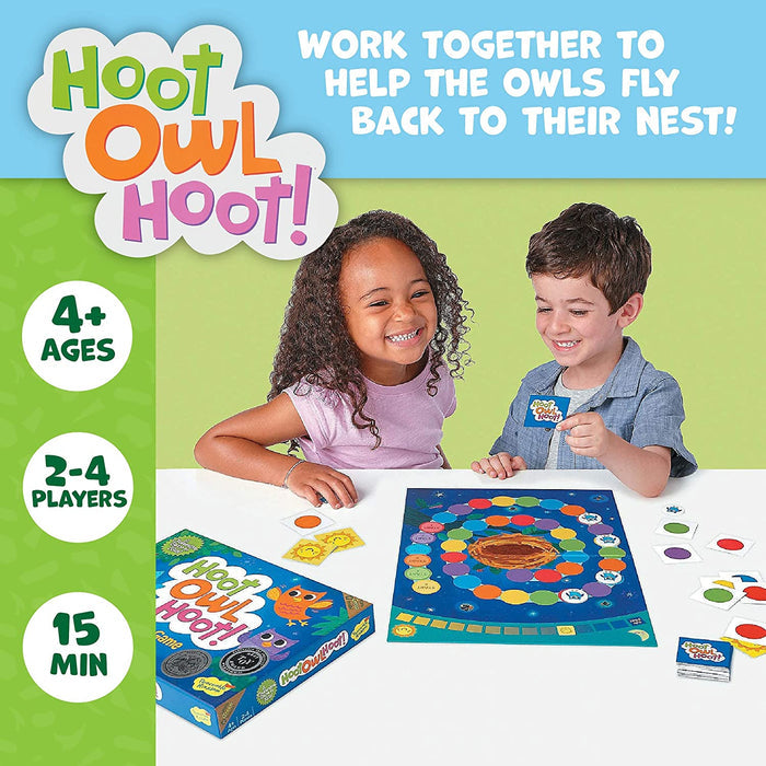 Children playing Hoot Owl Hoot! on a colorful background.