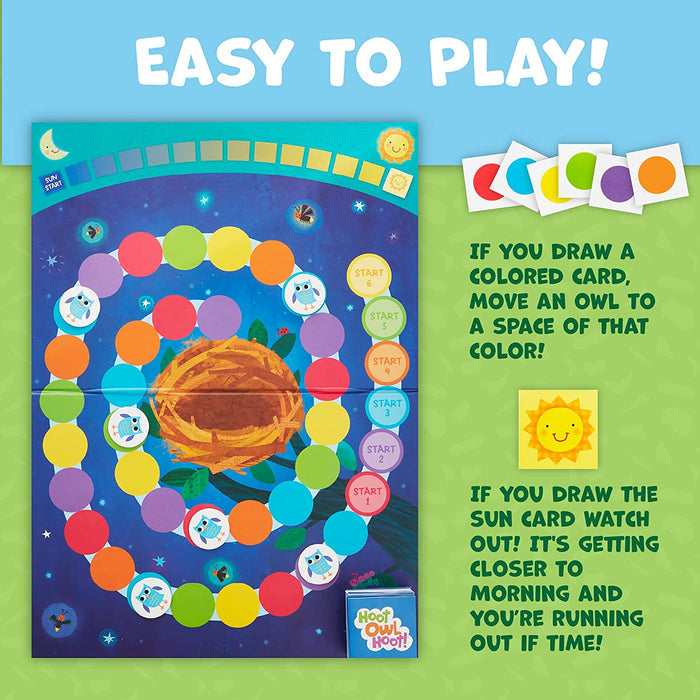 Board game for 'Hoot Owl Hoot!' with colorful owls and night sky design.