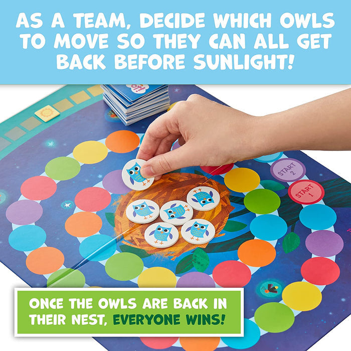 Game board for 'Hoot Owl Hoot!' with colorful owls and night sky design.