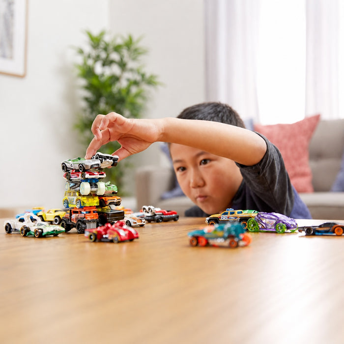A young boy wearing a dark gray t-shirt is playing with Hot Wheels cars on a wooden table in a brightly lit living room.