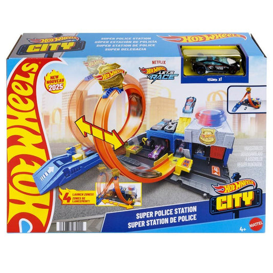 Packaging for Hot Wheels Track Sets featuring various playsets with a red and blue color scheme and toy vehicles.