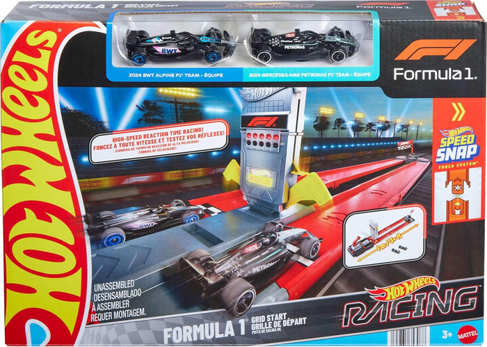 Hot Wheels Formula 1 racing set packaging with two cars and a track.
