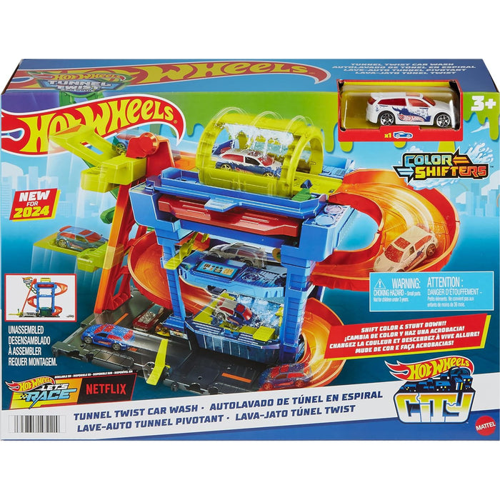Packaging for Hot Wheels Track Sets featuring various playsets with a red and blue color scheme and toy vehicles.