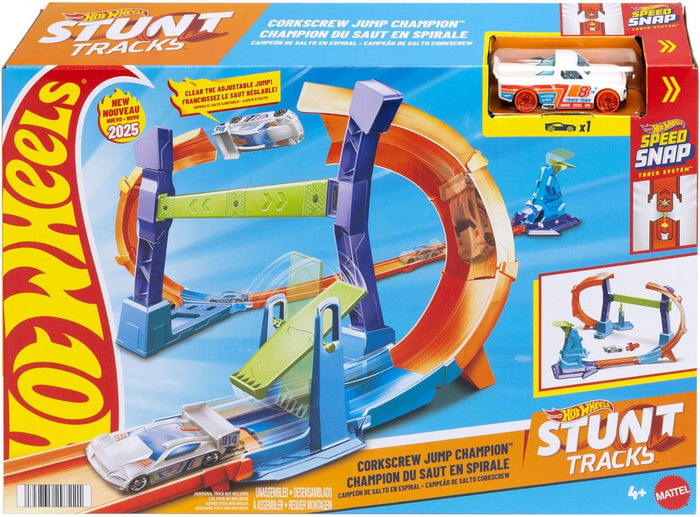 Hot Wheels Stunt Tracks toy set packaging with tracks and cars on a blue background