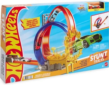 Hot Wheels Stunt Track toy set packaging with green car on blue background