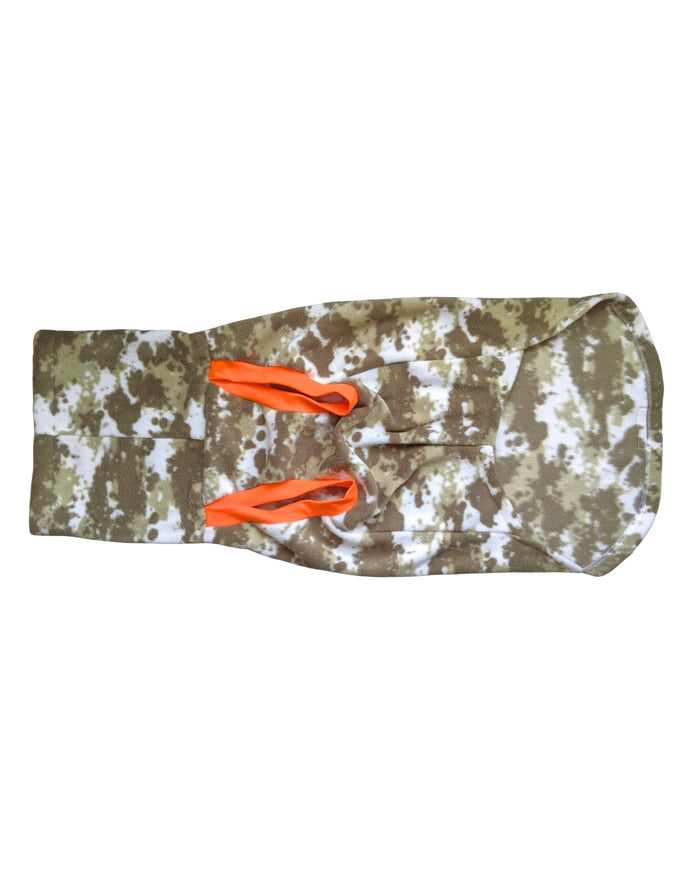 Underbelly view of Jax & Molly's 'The Hunter Dog Sweater' made from a fleece camouflage print.