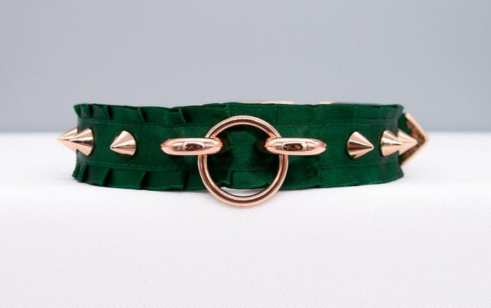 Hunter Green Rose Gold Spiked Hardware BDSM Collar