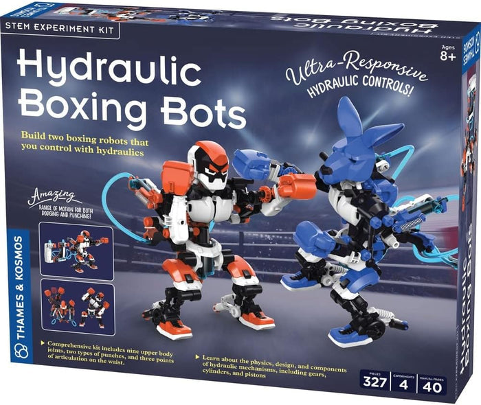 Box of Hydraulic Boxing Bots STEM experiment kit with two robot figures on a blue background.