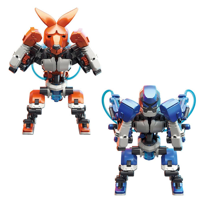 Two Hydraulic Boxing Bots, One white, black and orange and the other purple, black and white, on a white background.