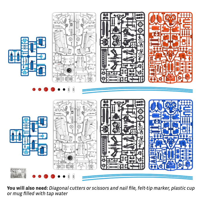 All the contents of the Hydaulic Boxing Bots kits against a white backround, with text 'you will also need: diagonal cutters or scissors and a nail file, felt tip marker, plastic cup or mug filled with tap water.