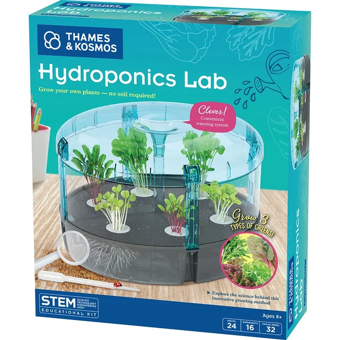 Thames & Kosmos Hydroponics Lab educational kit packaging with plants and clear container.