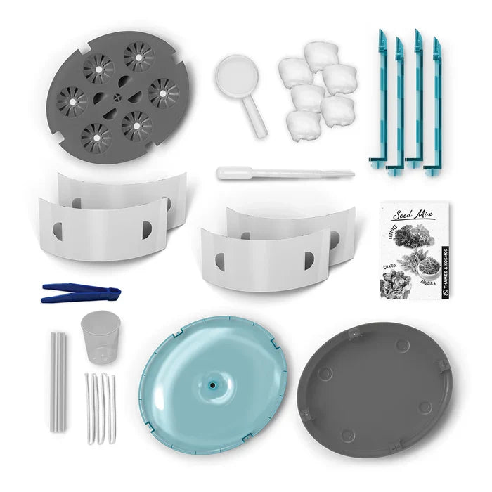 Contents of the hydroponics lab and accessories on a white background