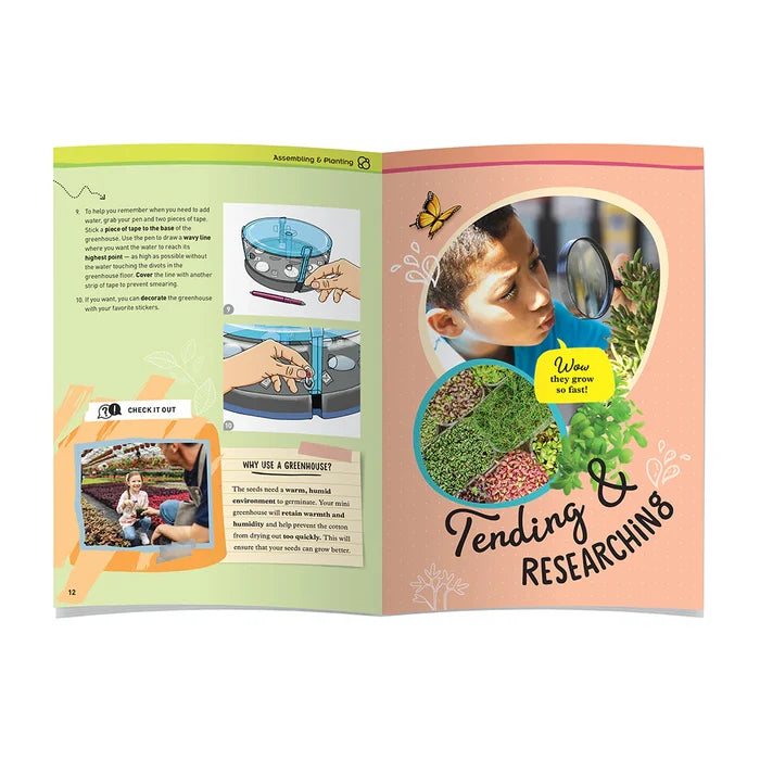 Open book showing pages about gardening and research with illustrations and text.