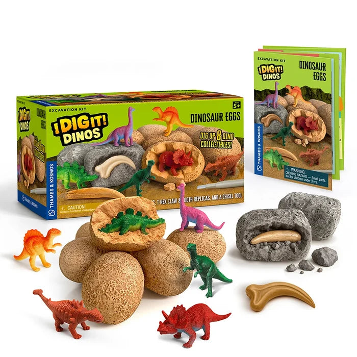 DIY Dig & Drop dinosaur eggs collection kit by Maker & Bloom, featuring a colorful product box, a small instruction booklet, and multiple toy dinosaur figures, textured eggshells, and gray stone eggs on a clean white background.