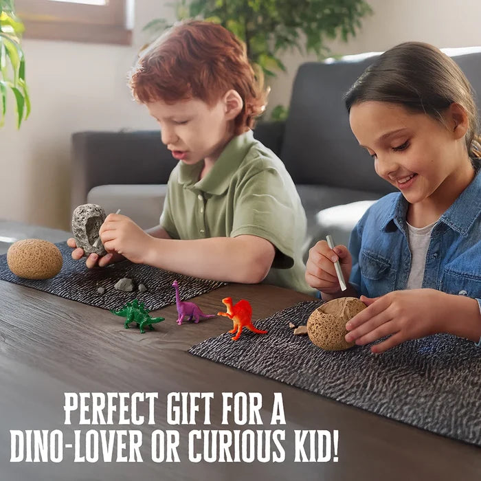 Two children playing with dinosaur toys on a table in a living room. with text 'perfect gift for a dino-lover or curious kid!'
