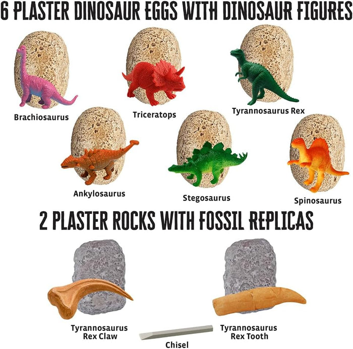Set of plaster dinosaur eggs with figures and plaster rocks with fossil replicas on a white background.