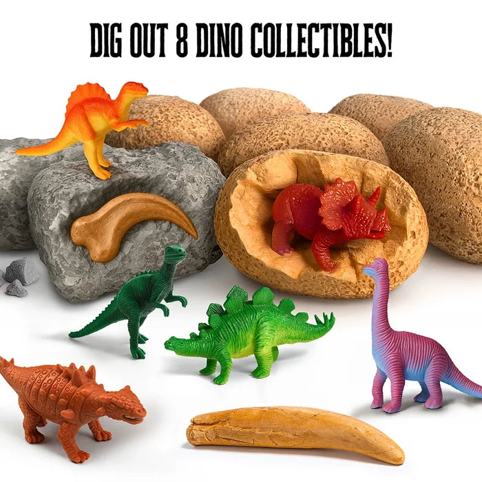A set of colorful dinosaur toy collectibles and paleontology props arranged on a white background, with the text 'DIG OUT 8 DINO COLLECTIBLES!' at the top. The set includes multiple dinosaur figures in orange, green, blue, and purple, a yellow-orange dinosaur, a red Triceratops emerging from a cracked rock, a brown dinosaur tooth, and several textured rock pieces.