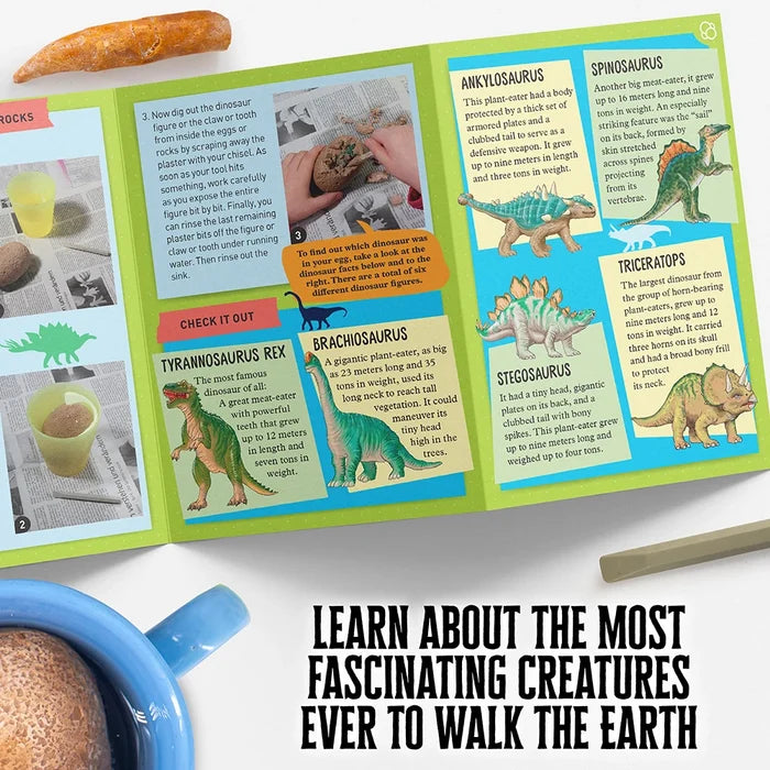 An open dinosaur-themed educational poster or booklet spread on a light surface, showing colorful dinosaur illustrations, text blocks, and a small photo of a dinosaur toy. A large headline at the bottom reads, 'LEARN ABOUT THE MOST FASCINATING CREATURES EVER TO WALK THE EARTH.