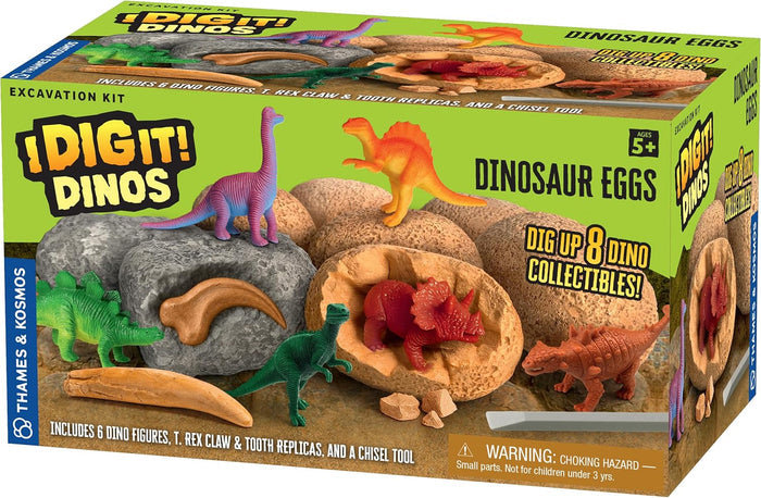 Box of 'I Dig It! Dinos' dinosaur egg excavation kit with toy dinosaurs and packaging details.
