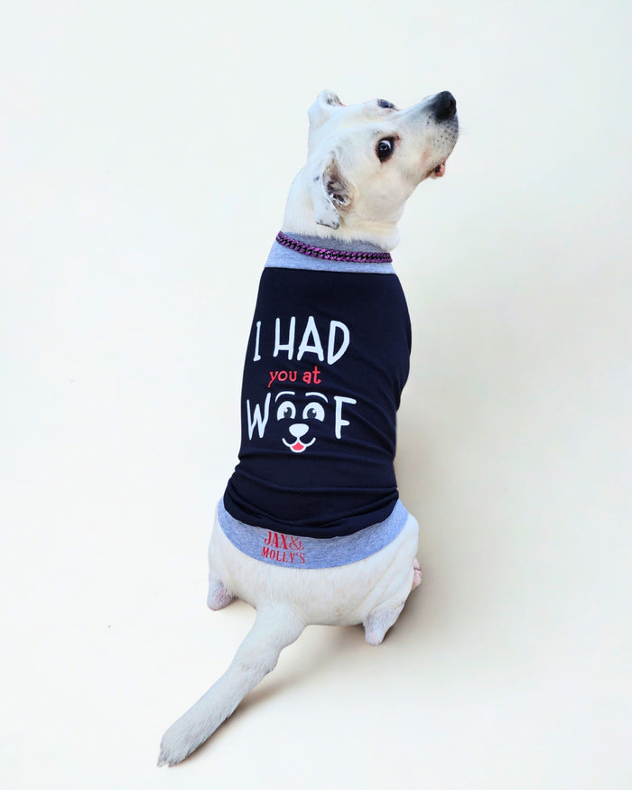I Had You at Woof cotton-spandex dog tank on white dog sitting, back view